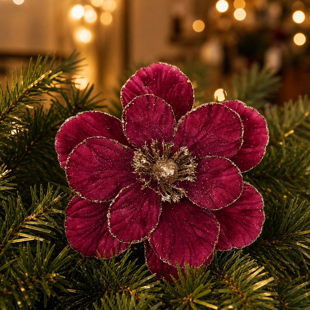 Wine Red Velvet Artificial Magnolia with Gold Edge for Christmas Decoration